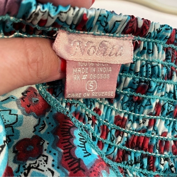 Nolita 100% Silk Boho Midi Length Sleeveless Tiered Dress Turquoise Blue Floral - Picture 8 of 13